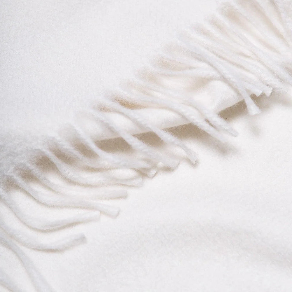Close-up of a white textured blanket with fringe on a light background